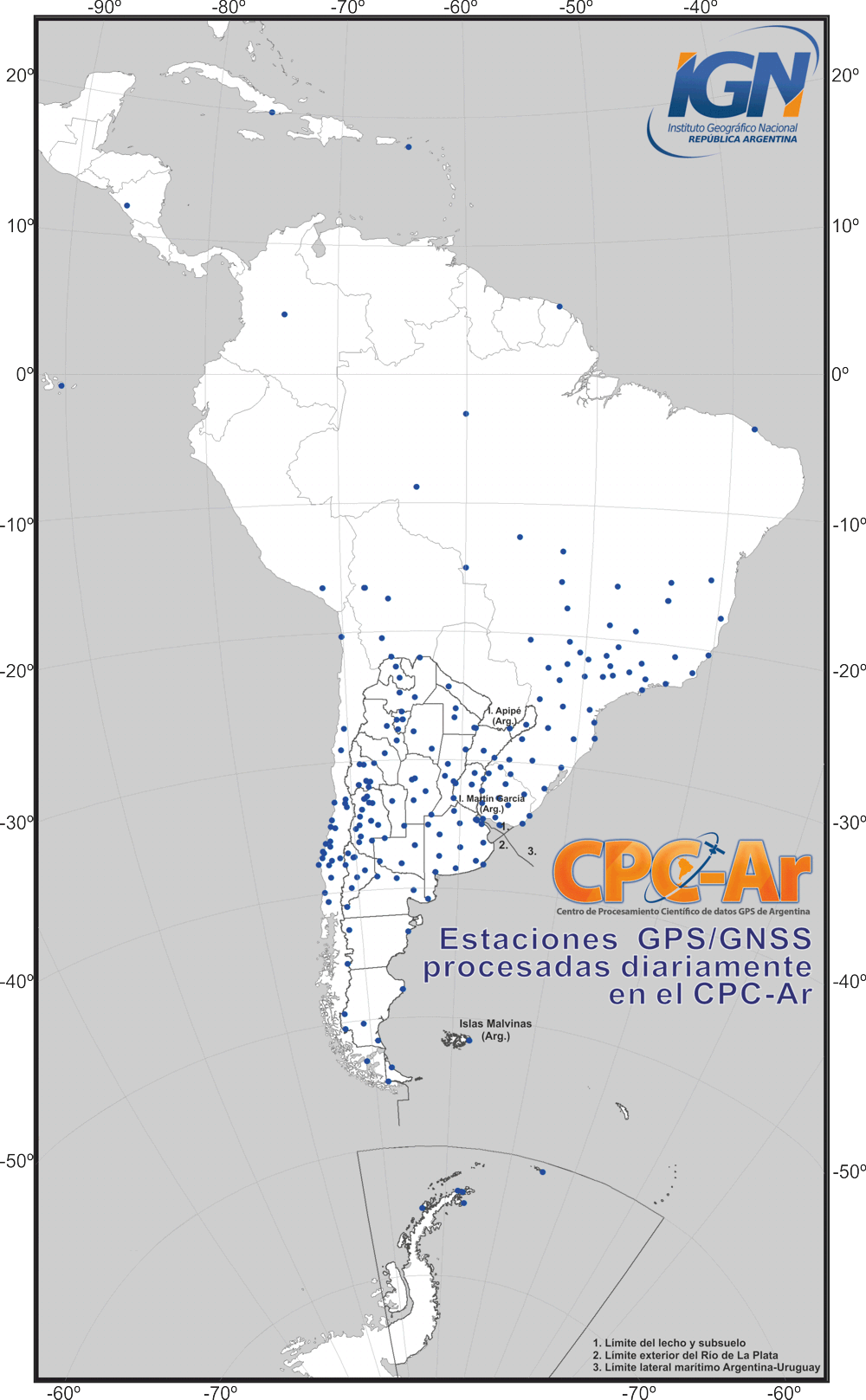 Figura 1: Estaciones GPS/GNSS procesadas diariamente en el CPC-Ar